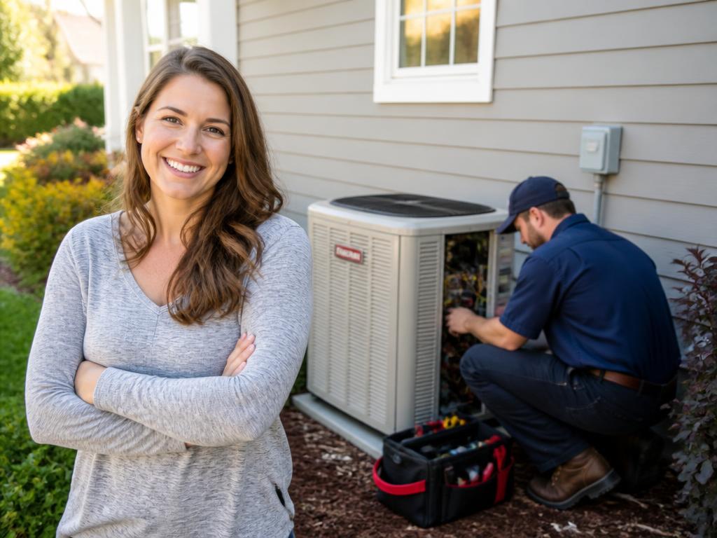 Homeowner smiling while a technician services an outdoor AC unit
