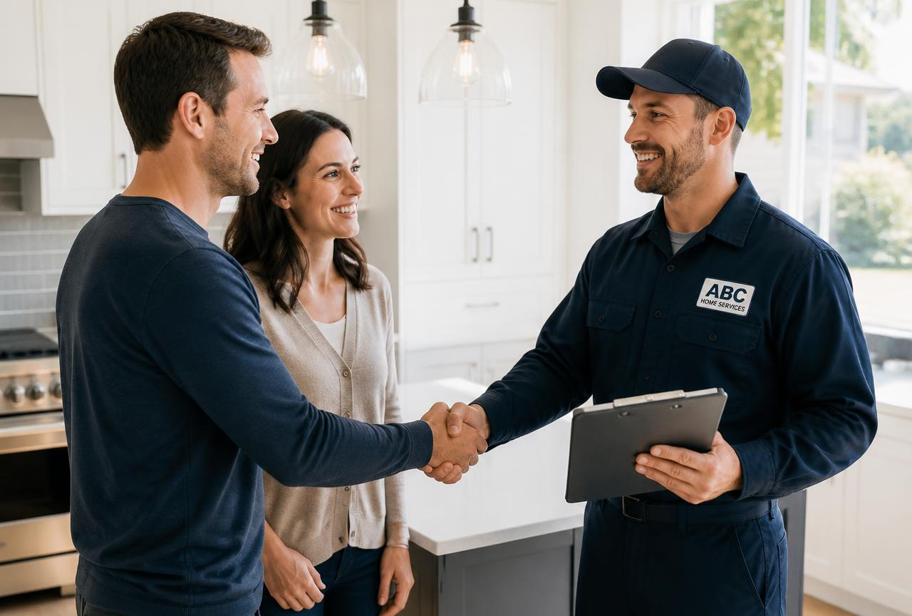 Homeowners greeting a home warranty repair technician in their kitchen